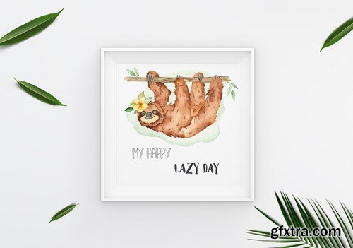 Watercolor cute sloth and tropical plants