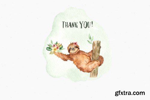 Watercolor cute sloth and tropical plants