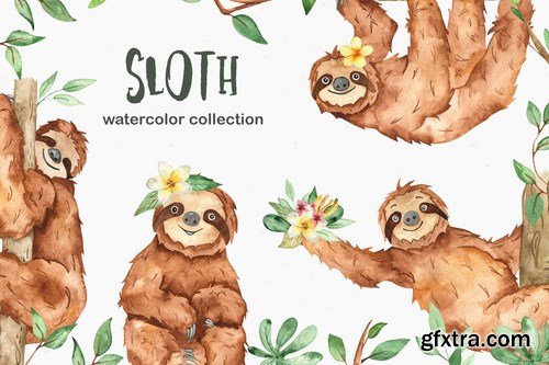 Watercolor cute sloth and tropical plants