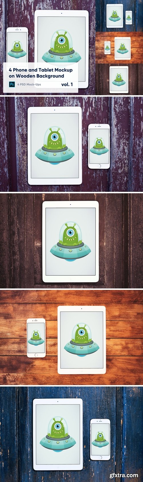 4 Tablet & Phone Mockup on Wooden Background Vol.1