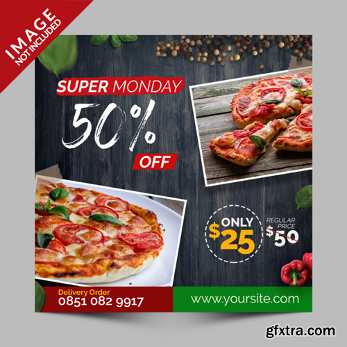 Super monday discount, square banner, flyer or instagram post for italian pizza restaurant Premium Psd