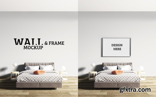 Wall and frame mockup bedroom has a bed with brown as the mainstream Premium Psd