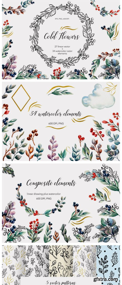 Cold Flowers - Vector &amp; Watercolor Set 2962410