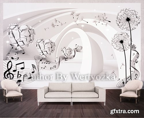 Dandelions and hearts background wall decors, 3D models template PSD