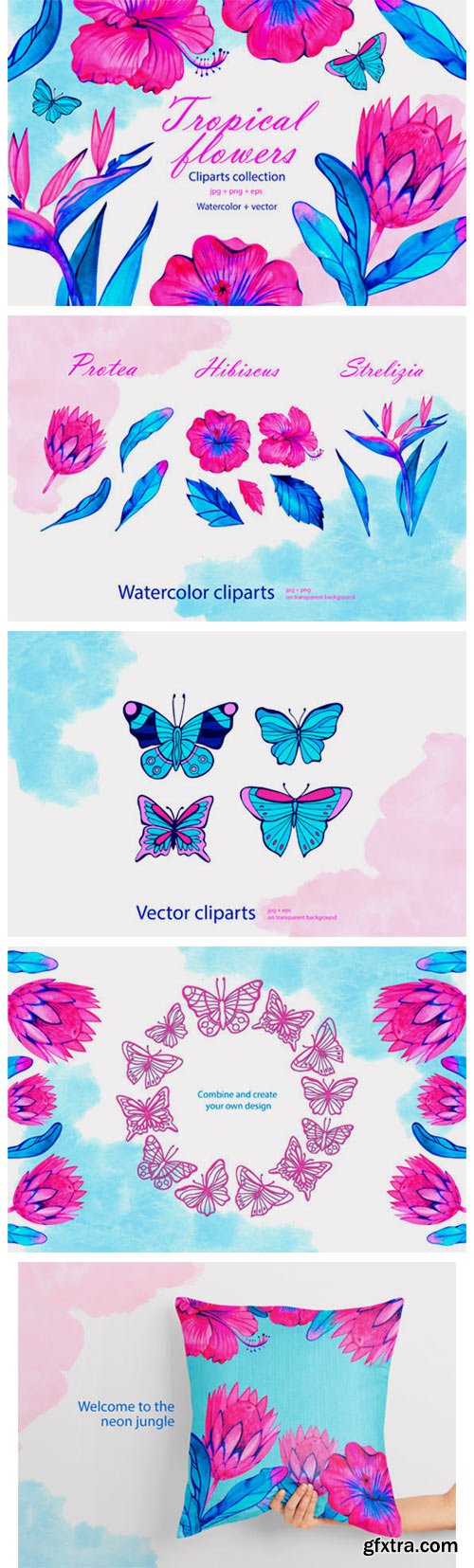 Watercolor Neon Tropical Flowers 2960168