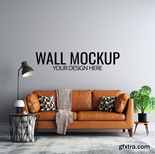 Interior living room wall background mockup with furniture and decoration Premium Psd