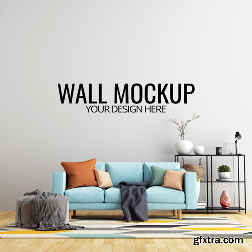 Interior living room wall background mockup with furniture and decoration Premium Psd