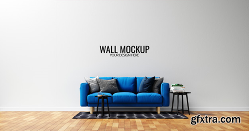 Minimalist interior wall  mockup with blue sofa Premium Psd[/B] JPG|PSD