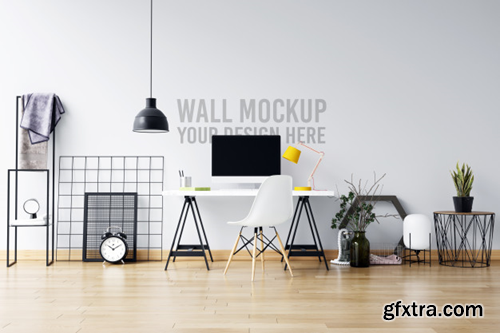 Beautiful white wall mockup interior workspace scandinavian style Premium Psd