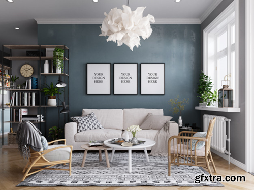 Poster mockup & wall mockup interior scandinavian living room background Premium Psd