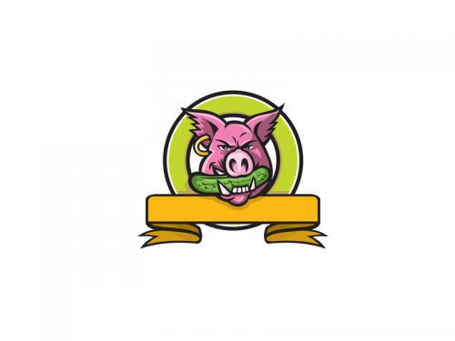 Wild Boar Biting Gherkin Circle Mascot - wild-boar-biting-gherkin-circle-mascot