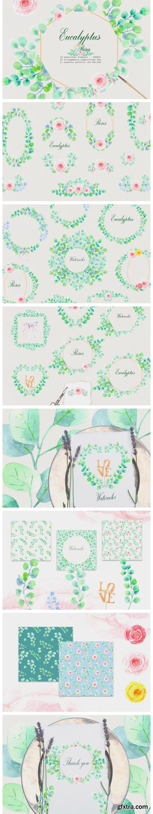 Watercolor Eucalyptus and Roses Clip Art 2982523