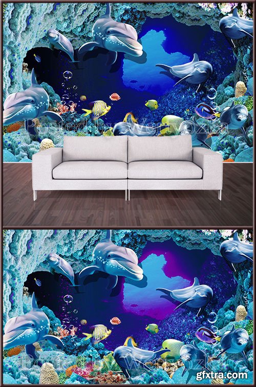 3D psd background wall dolphins and fish