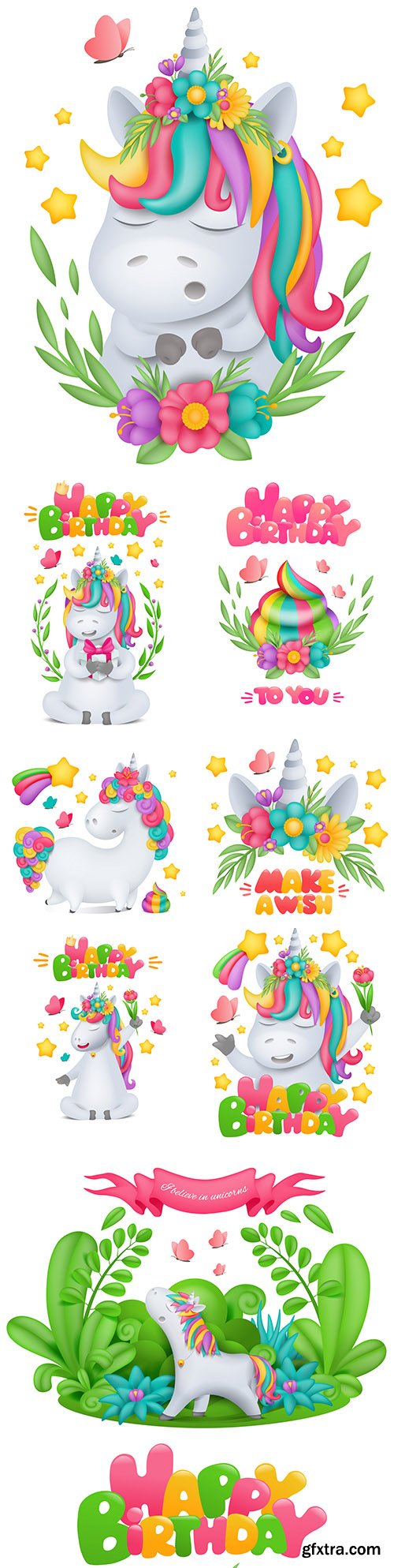 Unicorn cartoon birthday greeting card design » GFxtra