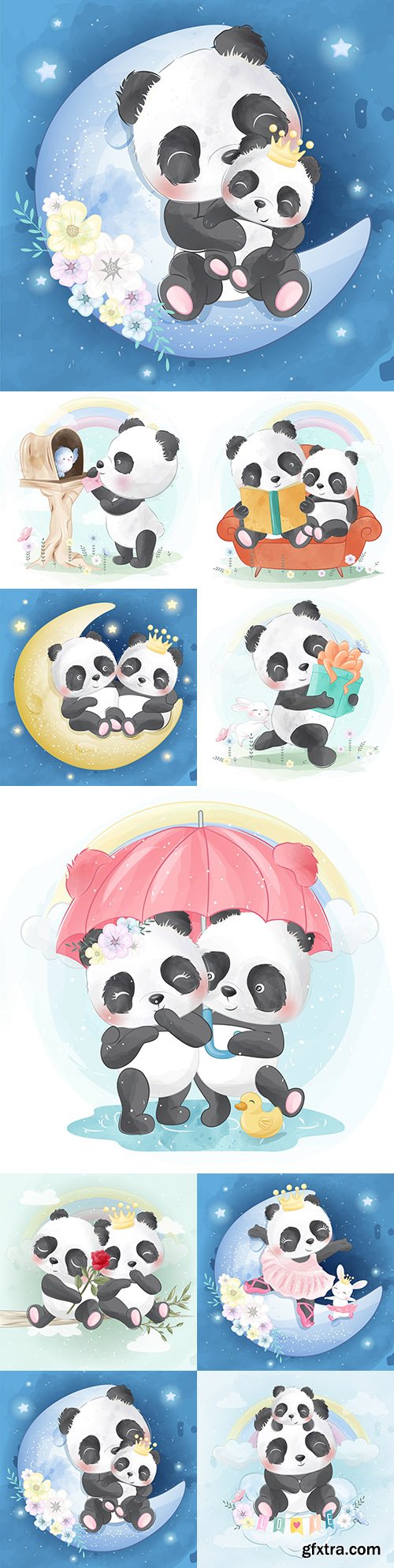 Cute panda with mom funny drawn illustrations
