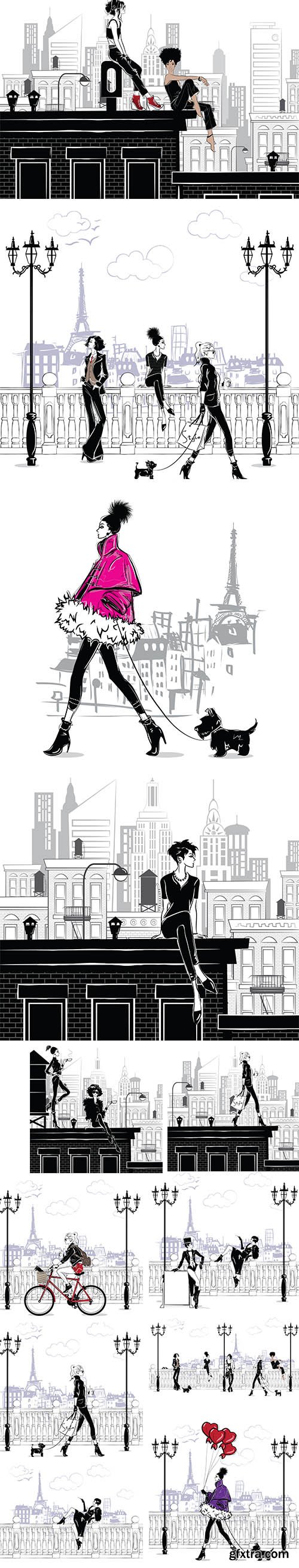 Fashion Girls in the City Style Sketch Illustrations