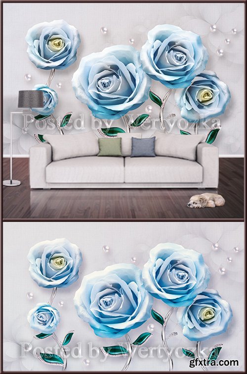 3D psd background wall blue roses