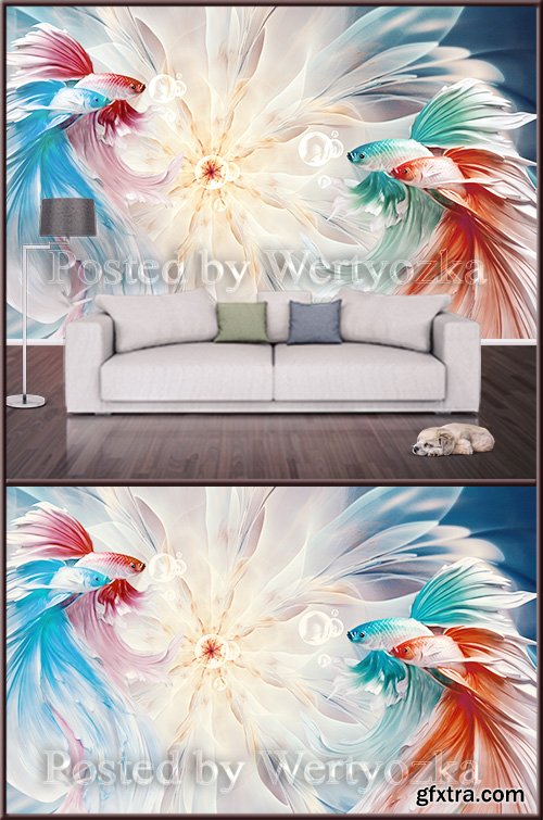 3D psd background wall beautiful fish