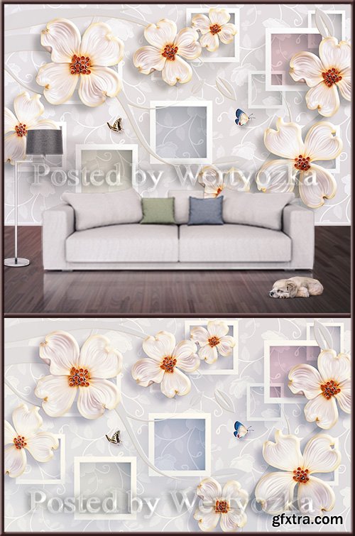 3D psd background wall flowers and butterflies