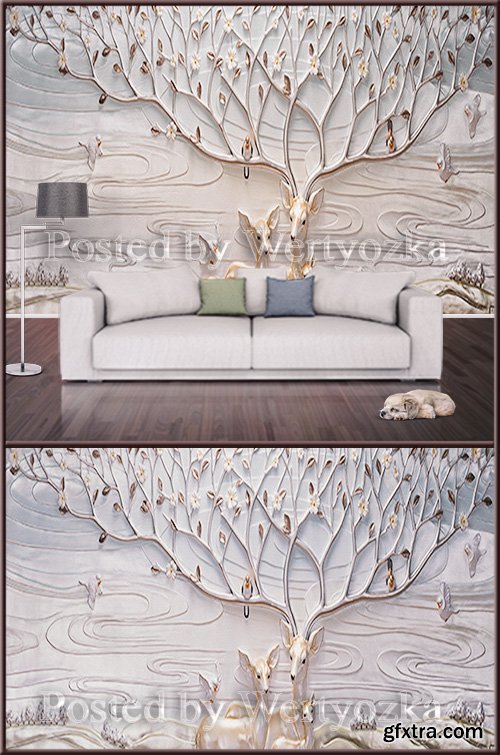 3D psd background wall deer and birds