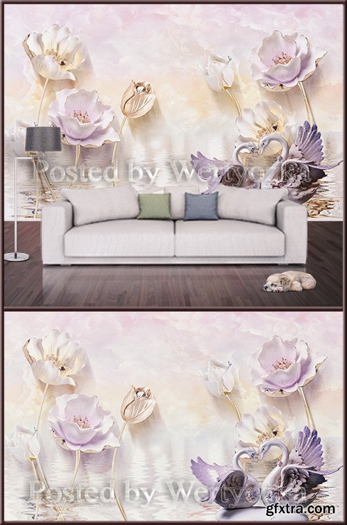 3D psd background wall swan and lotus