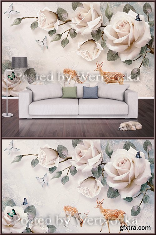 3D psd background wall deer and roses