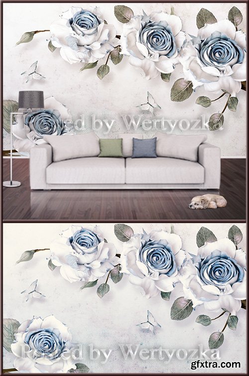 3D psd background wall blue and white roses