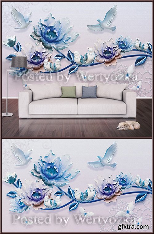 3D psd background wall flowers and pigeons