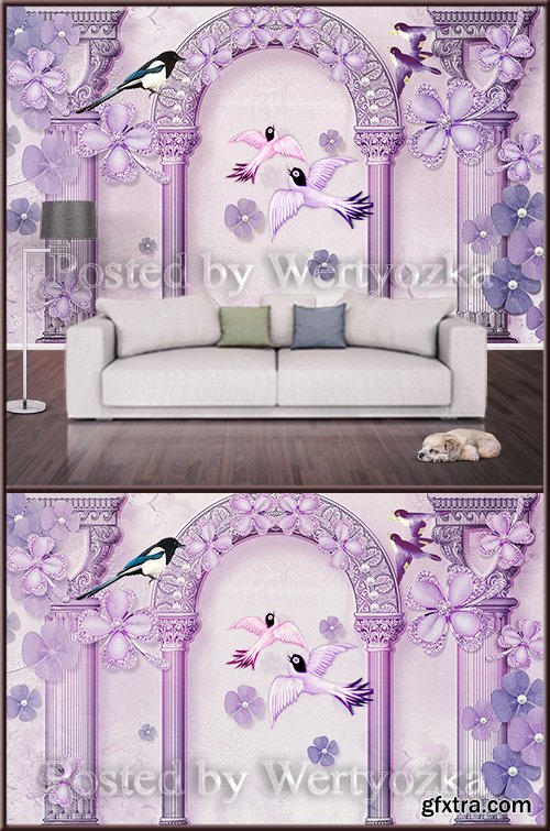 3D psd background wall birds and flowers