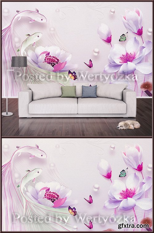 3D psd background wall magnolias and fish