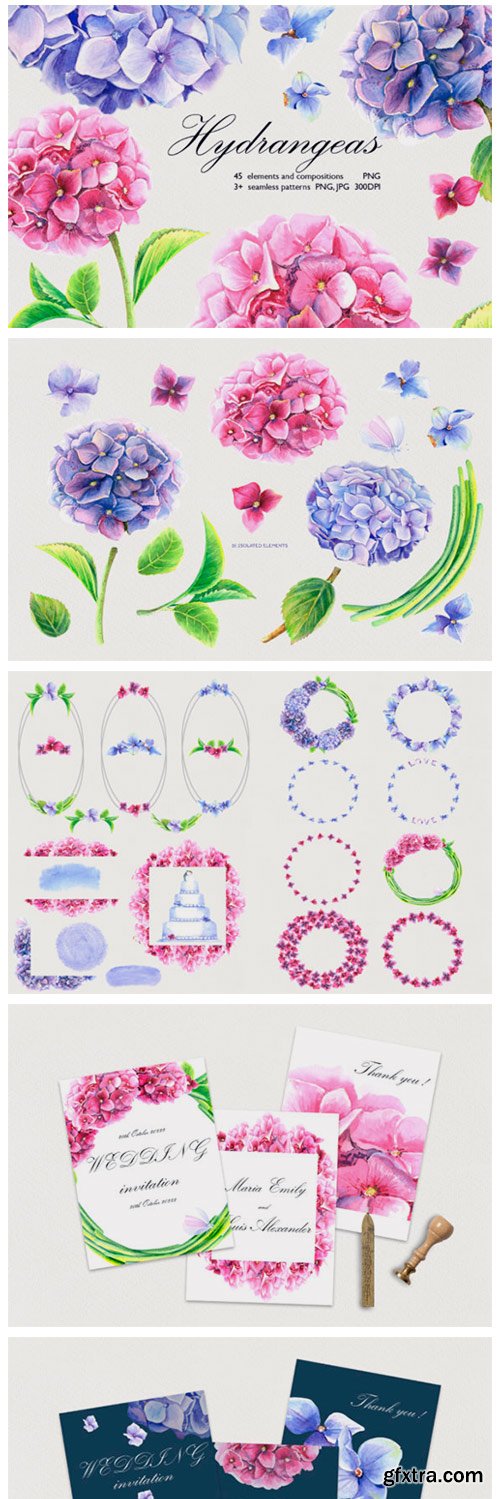 Watercolor Hydrangeas Clip Art Set 3012156