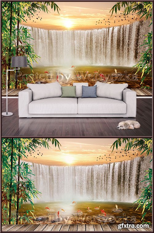 3D TIF background wall waterfall at sunset