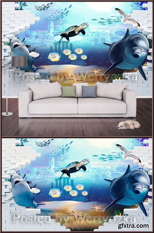 3D psd background wall sea world and dolphins