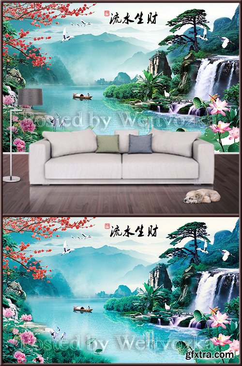 3D psd background wall landscape river