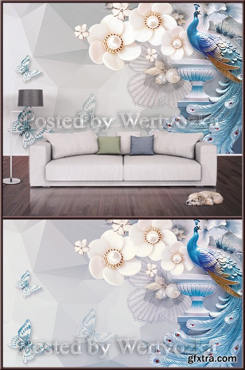 3D psd background wall peacock and butterflies