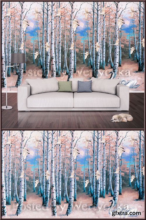 3D psd background wall birch forest