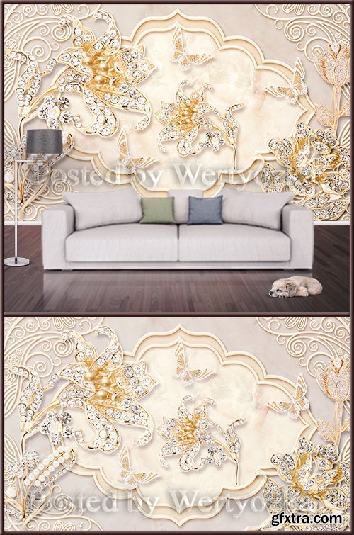 3D psd background wall lilies with diamonds