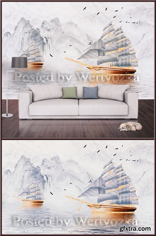 3D psd background wall sailboat