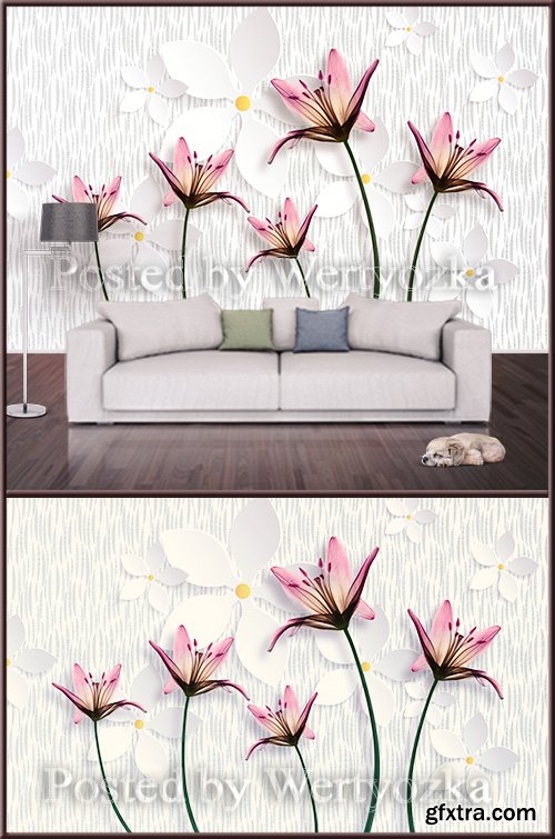 3D psd background wall pink lilies on a light