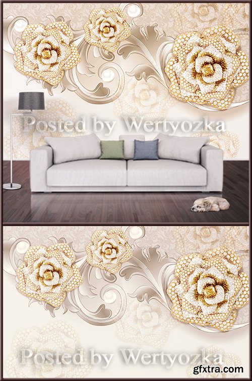 3D psd background wall roses with diamonds