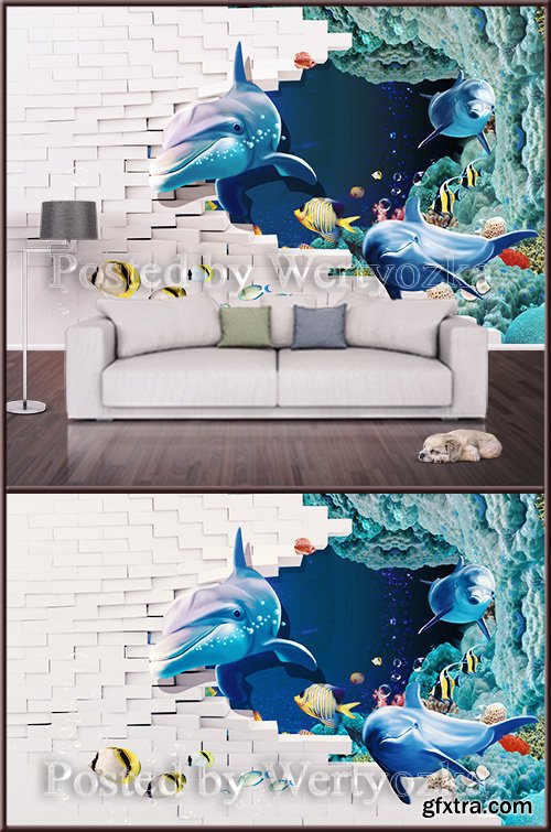 3D psd background wall dolphins at the ruined wall