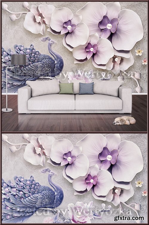 3D psd background wall peacock and orchids