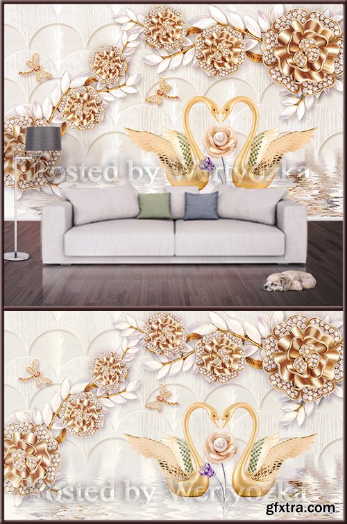 3D psd background wall swans and flowers with diamonds