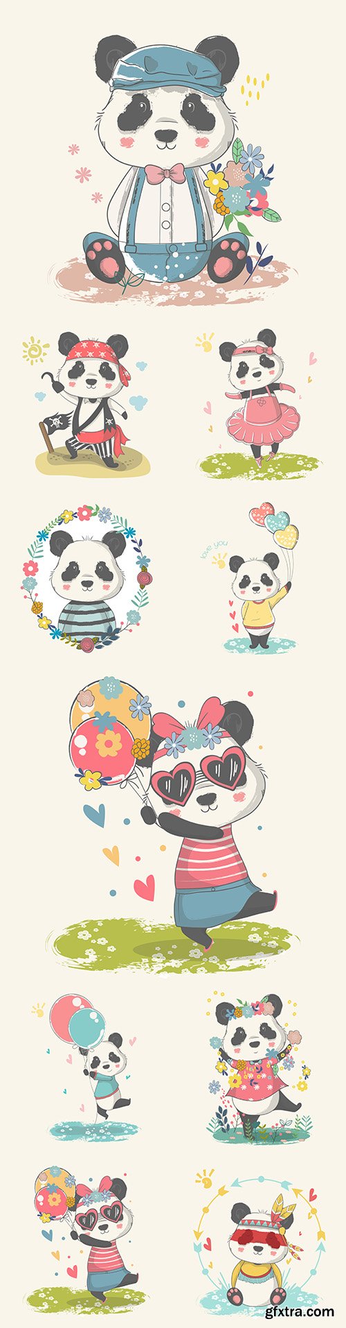 Panda cute baby with flowers painted illustrations
