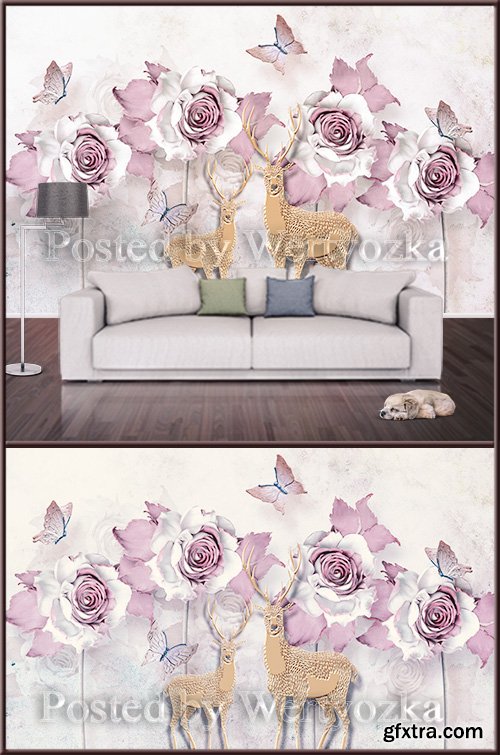 3D psd background wall deer and roses