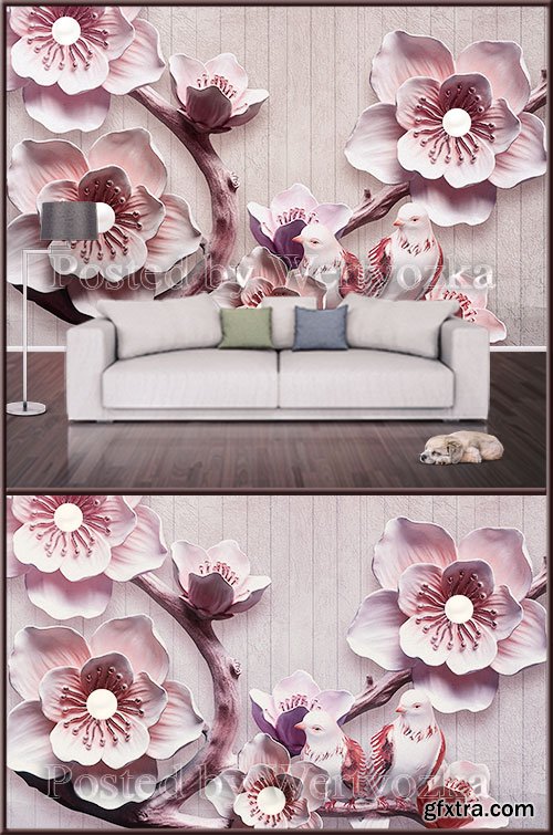 3D psd background wall flowers and pigeons