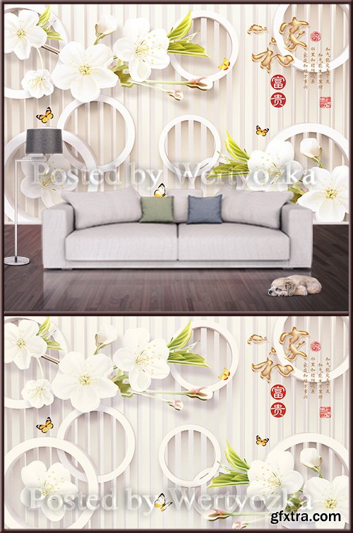 3D psd background wall circles and spring flowers