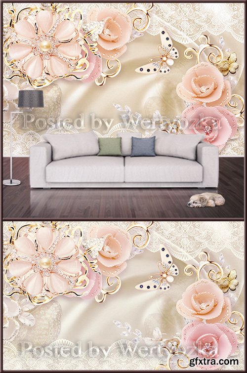 3D psd background wall flowers on satin