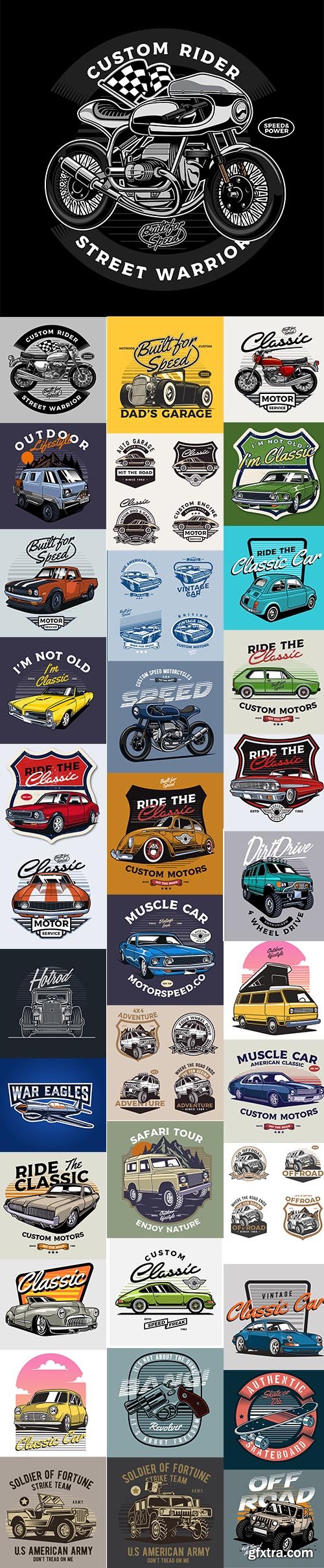 Classic Car and Moto Badge and Illustration Vector Collection