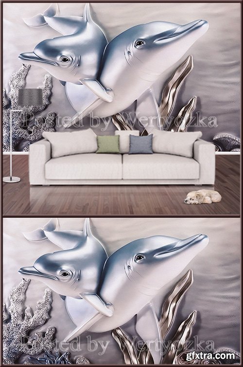 3D psd background wall two dolphins